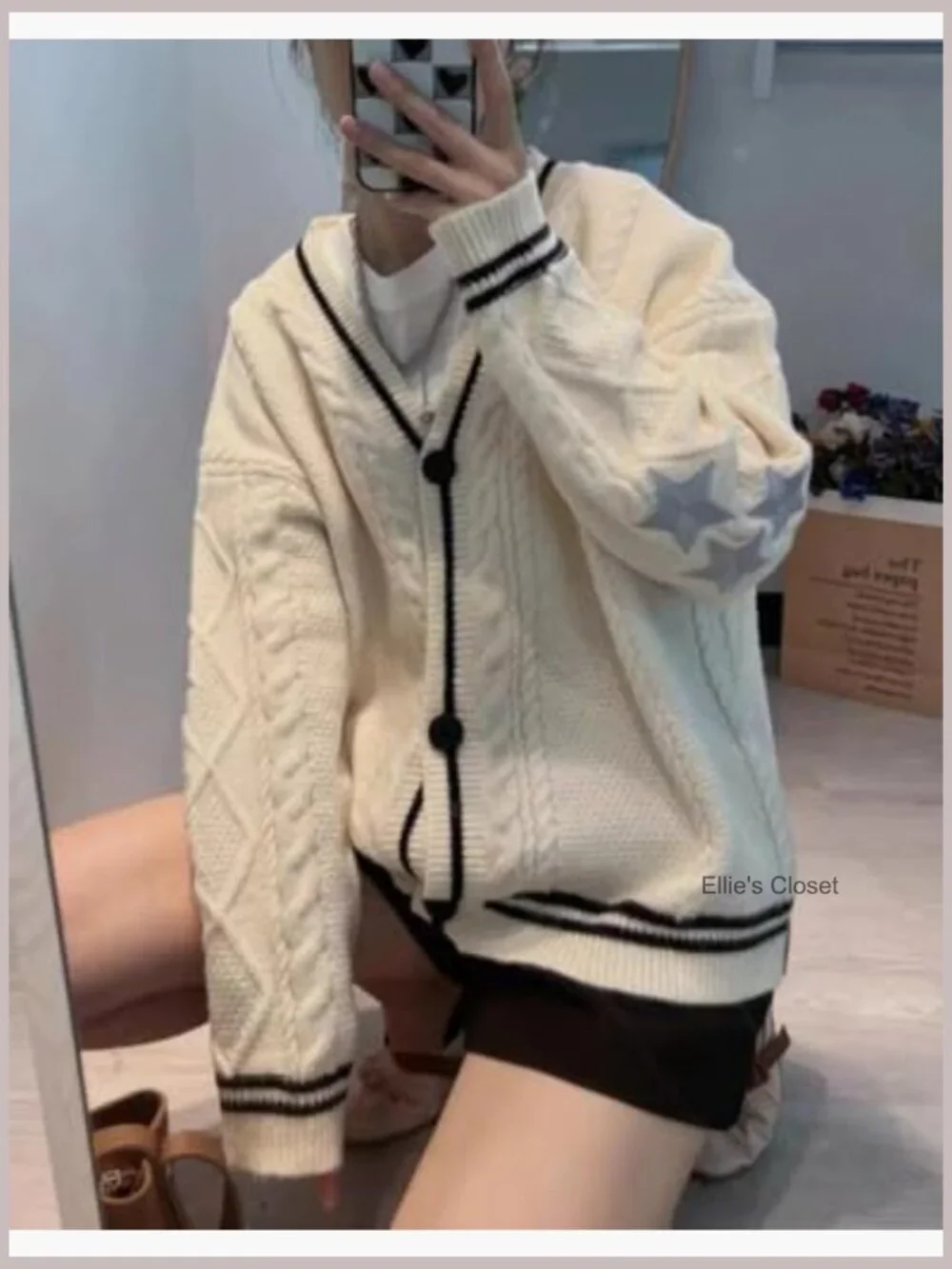 V Neck Loose Fit Knit Cardigan with Star Embroidery Button Down